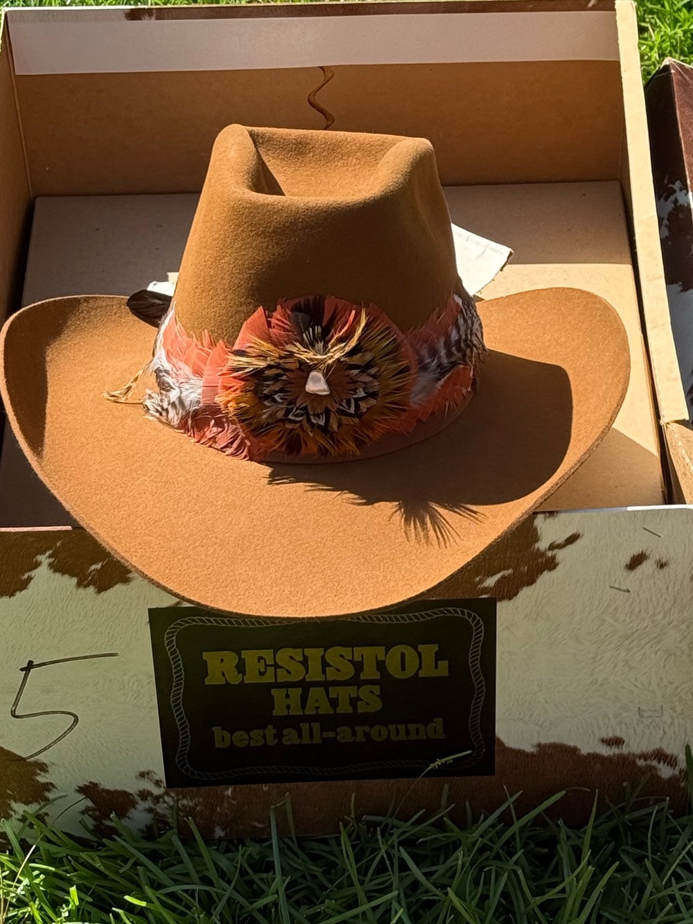 Resistol XXX Beaver Felt Cowboy Hat Tan Brown Feather Band Long Oval Vintage